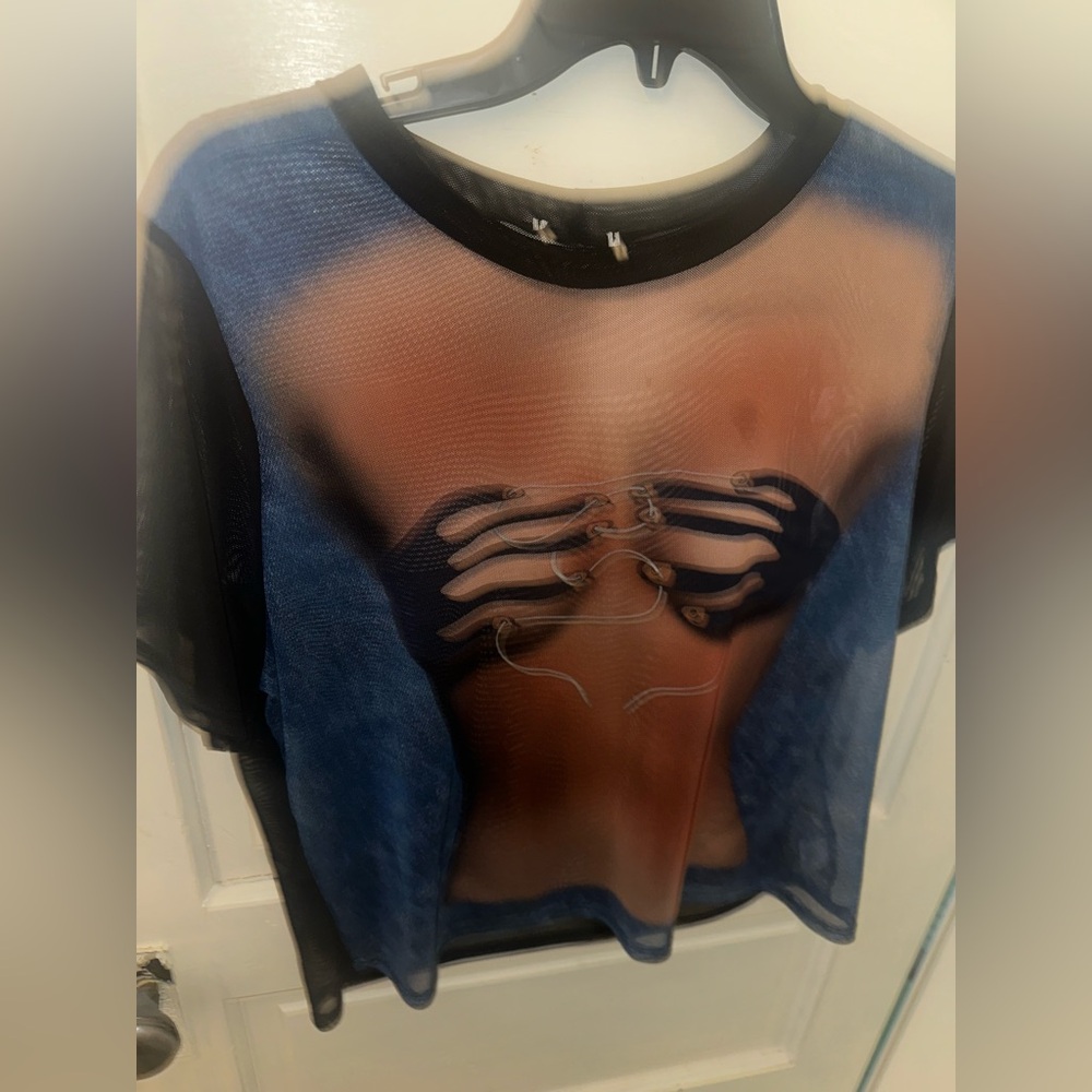 Sheer Blue Graphic Mesh Crop Top with Ribcage Print